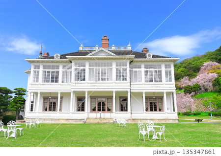 【鳥取県】晴天の仁風閣と満開の桜（宝隆院庭園） 135347861