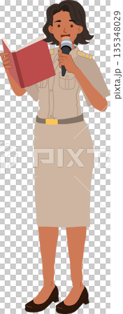 government officer public speaker woman in official uniform holding book and microphone government officer public speaker woman in official uniform holding book and microphone 135348029