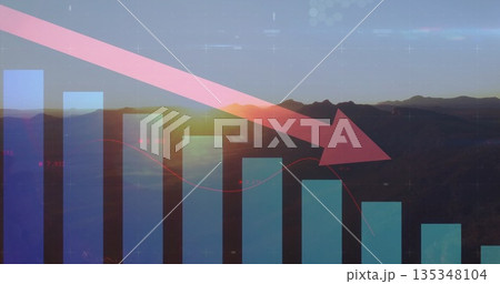 Pointing faded red arrow indicating downward trend over mountain chart, with gradient blue bars Pointing faded red arrow indicating downward trend over mountain chart, with gradient blue bars 135348104