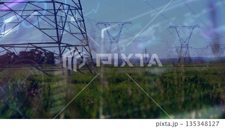 Rising steel lattice pylon over grassland, with power lines, digital graphics, copy space Rising steel lattice pylon over grassland, with power lines, digital graphics, copy space 135348127