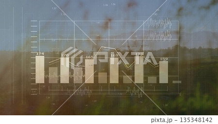 Displaying bar chart and line graph overlaying grassy field, with labels, grid lines and waveforms Displaying bar chart and line graph overlaying grassy field, with labels, grid lines and waveforms 135348142
