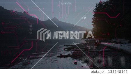 Displaying overlay featuring HACKED over dusk lakeshore with neon-red circuits and driftwood logs 135348145