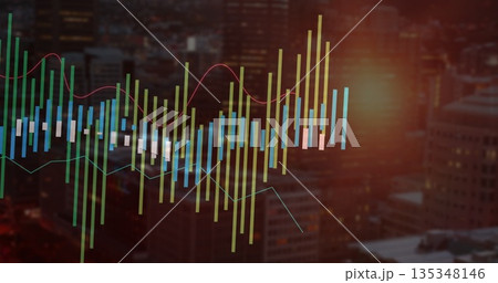 Displaying chart overlaying cityscape at dusk, with candlestick bars and red cyan lines 135348146