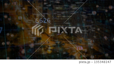 Hovering numeric indicator 6626 shining over street grid at night, with grid lines, light trails 135348147