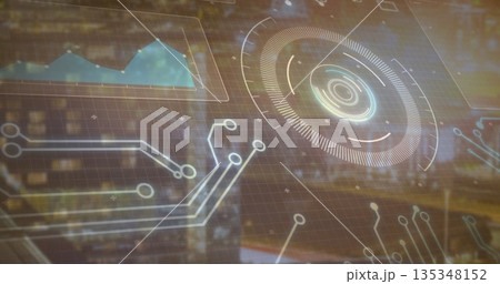 Displaying digital interface on screen, with grid lines connector lines radial gauge light dots Displaying digital interface on screen, with grid lines connector lines radial gauge light dots 135348152