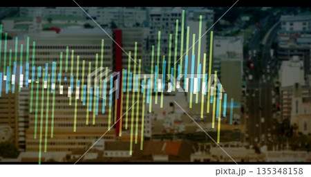 Showing multicolored vertical data bars overlaying cityscape downtown, with buildings and vehicles Showing multicolored vertical data bars overlaying cityscape downtown, with buildings and vehicles 135348158