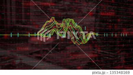 Visualizing colorful waveform lines pulsing over red grid at city street display with cyan markers 135348169