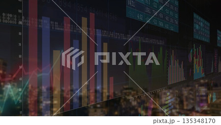 Showing financial panels hovering over cityscape, with bar and line chart overlays, numeric tables Showing financial panels hovering over cityscape, with bar and line chart overlays, numeric tables 135348170