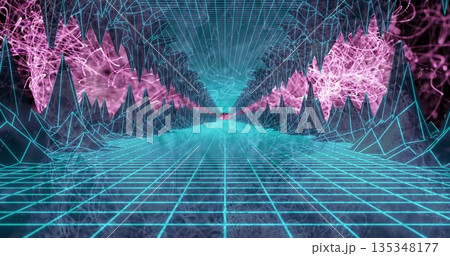 Flowing neon-lit wireframe tunnel in digital simulation with cyan grid and pink fractal lights Flowing neon-lit wireframe tunnel in digital simulation with cyan grid and pink fractal lights 135348177