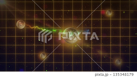 Floating large gold bitcoin coin showing circuit pattern over glowing orange grid, with neon trail Floating large gold bitcoin coin showing circuit pattern over glowing orange grid, with neon trail 135348179