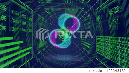 Floating central holographic rings rotating inside virtual data tunnel, with neon panels and charts 135348182