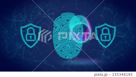 Showing fingerprint icon hovering over digital interface, with shield padlocks and network lines 135348193