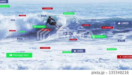 Lone surfer wearing black wetsuit, riding surfboard on ocean wave with foam, social media icons 135348216