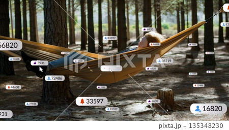 Lying woman wearing dark jeans and boots in hammock hanging between pine trees, with floating icons Lying woman wearing dark jeans and boots in hammock hanging between pine trees, with floating icons 135348230