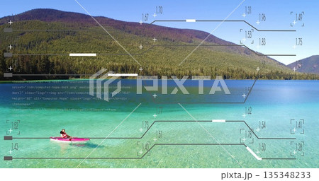Paddling woman wearing red life jacket gliding red kayak across mountain lake with graphic overlays 135348233