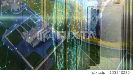 Displaying closed elevator doors merging rooftop overlay, with lawn, network nodes and glitch lines Displaying closed elevator doors merging rooftop overlay, with lawn, network nodes and glitch lines 135348280