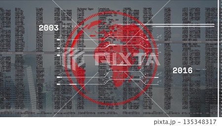 Displaying red map showing white connectors to code columns between 2005 and 2016 in hazy skyline Displaying red map showing white connectors to code columns between 2005 and 2016 in hazy skyline 135348317