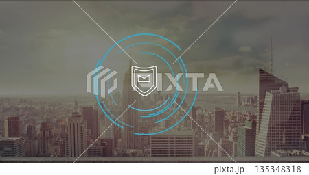 Floating security icon near Empire State Building rooftop ledge featuring envelope shield, rings Floating security icon near Empire State Building rooftop ledge featuring envelope shield, rings 135348318