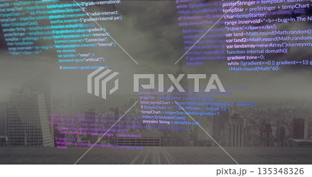 Hovering code snippets in blue and purple above rooftop wooden deck, with distant skyscrapers 135348326