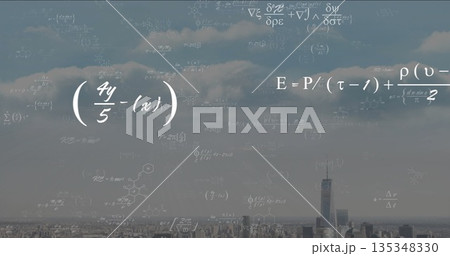 Featuring high-rise tower rising above skyline under cloudy sky, with formula overlays, copy space 135348330