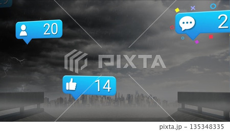 Blue thumbs up notification bubble hovering above concrete platforms, with rain and lightning 135348335