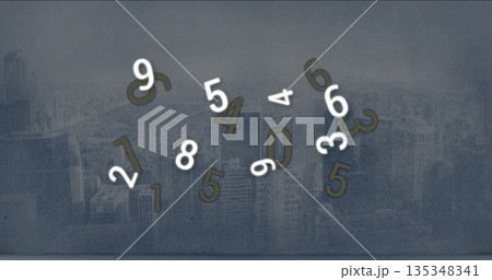 Floating 3D numerals glowing white and olive-green hovering over rooftop skyline textured overlay Floating 3D numerals glowing white and olive-green hovering over rooftop skyline textured overlay 135348341