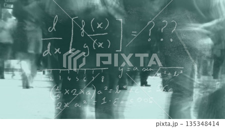 Floating chalk-style math equations drifting across city sidewalk, over blurred crowd Floating chalk-style math equations drifting across city sidewalk, over blurred crowd 135348414
