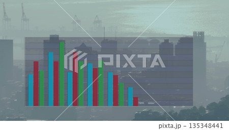 Displaying translucent bar chart overlay over foggy waterfront skyline, showing red green blue bars Displaying translucent bar chart overlay over foggy waterfront skyline, showing red green blue bars 135348441