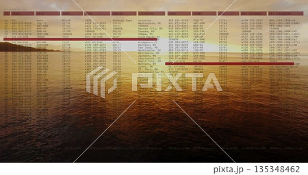 Displaying digital table overlaying sunset open sea surface with spreadsheet columns visible Displaying digital table overlaying sunset open sea surface with spreadsheet columns visible 135348462