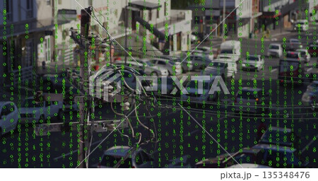Utility pole displaying transformer and cables in parking lot, green binary overlay, copy space Utility pole displaying transformer and cables in parking lot, green binary overlay, copy space 135348476