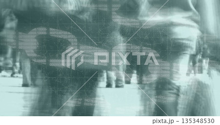 Walking blurred pedestrians moving along urban walkway, with floating binary code and network lines 135348530