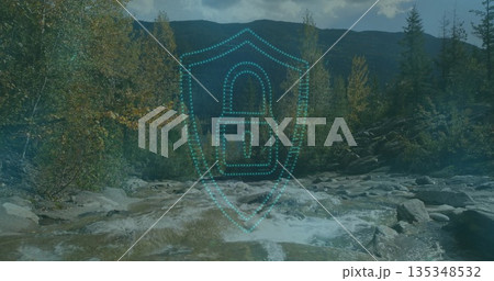 Floating translucent shield containing padlock icon over mountain stream rapids, with pine trees 135348532