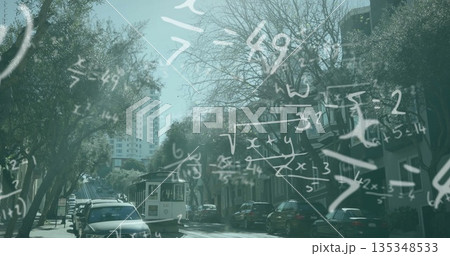 Climbing historic cable car ascending hillside street flanked by cars and trees, with math overlay 135348533