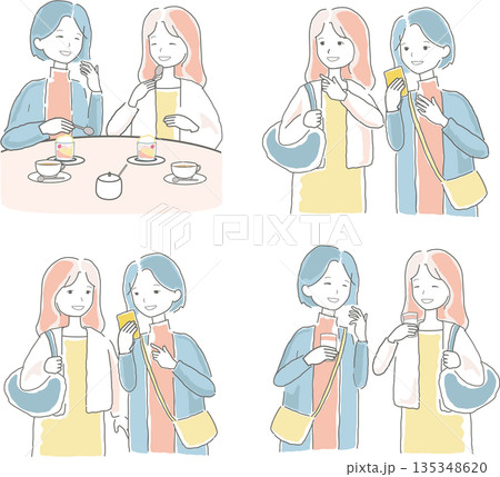 旅行やショッピングを楽しんでいる女性たちのイラストセット 135348620