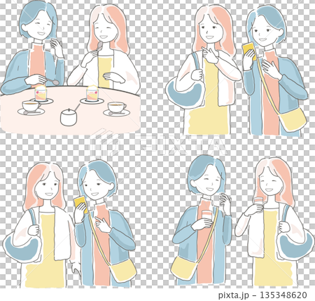旅行やショッピングを楽しんでいる女性たちのイラストセット 135348620