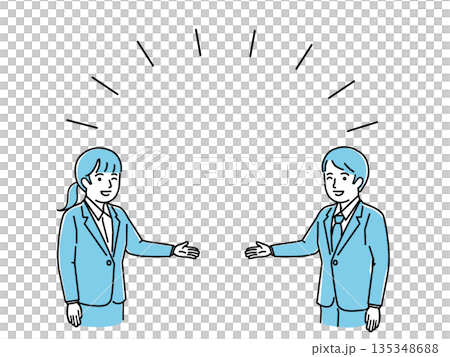 Illustration of a man and woman in a suit guiding to the center, please, business, pair, copy space, vector 135348688