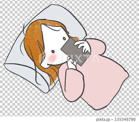 Woman looking at smartphone while sleeping Woman looking at smartphone while sleeping 135348790