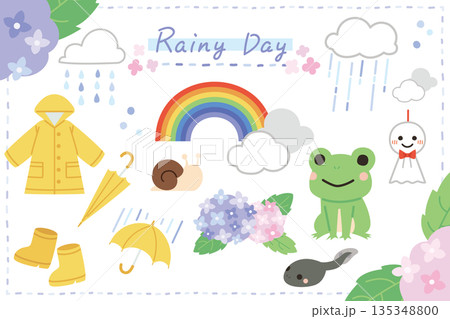 パステルカラーで描かれたかわいい雨の日のイラストセット 135348800