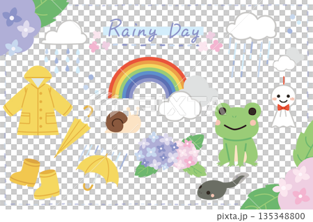 パステルカラーで描かれたかわいい雨の日のイラストセット 135348800