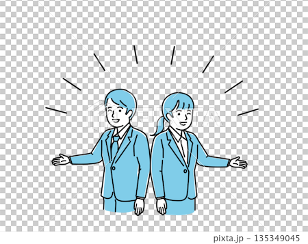 Illustration of a man and woman in suits standing back to back guiding the outside, please, business, introduction, vector 135349045