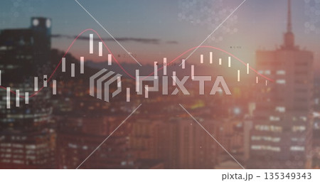 Hovering financial chart overlay over dusk skyline, with labeled white candlesticks red trend line 135349343