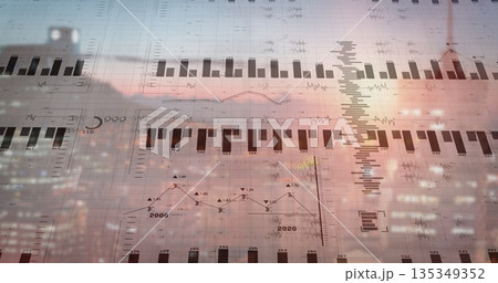 Overlaying data over skyline at dusk, showing bar and line charts, histogram, time-series labels Overlaying data over skyline at dusk, showing bar and line charts, histogram, time-series labels 135349352