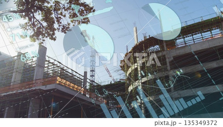 Monitoring concrete framework at site showing digital analytics overlays with crane and scaffolding Monitoring concrete framework at site showing digital analytics overlays with crane and scaffolding 135349372