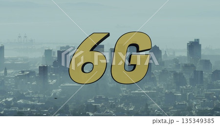 Floating large golden 6G letters over misty port city skyline, with cranes and high-rise buildings Floating large golden 6G letters over misty port city skyline, with cranes and high-rise buildings 135349385