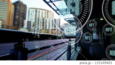 Floating holographic NFT icons hovering over urban transit platform with metal railing and canopy 135349403