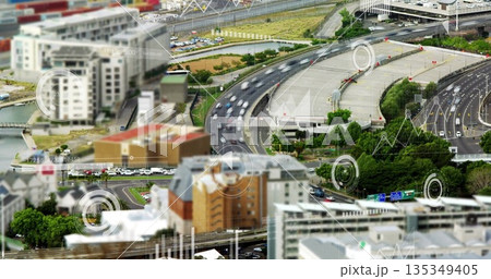 Displaying highway interchange featuring data overlays from aerial view, with moving passenger cars Displaying highway interchange featuring data overlays from aerial view, with moving passenger cars 135349405