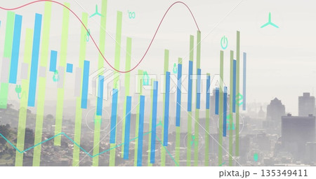 Showing data overlay on hazy skyline with green-blue bars, red sine-wave, teal zigzag and eco icons 135349411