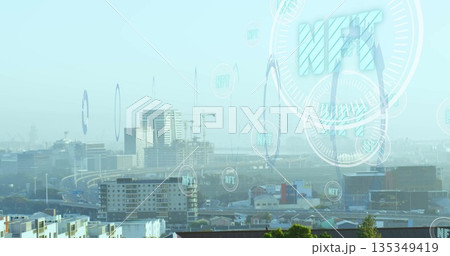 Floating translucent NFT token hovering above city at hilltop, with freeway, buildings, copy space Floating translucent NFT token hovering above city at hilltop, with freeway, buildings, copy space 135349419