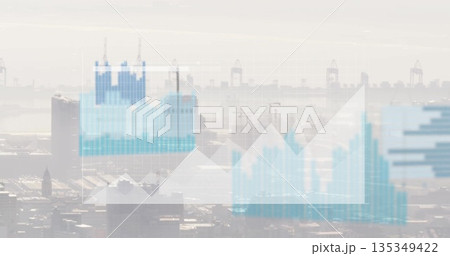 Floating digital data overlays hovering over hazy port skyline, showing bar area line charts Floating digital data overlays hovering over hazy port skyline, showing bar area line charts 135349422