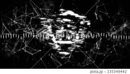 Flickering glitching digital sphere in virtual cyberspace, with bar and tick marks on mesh network 135349442